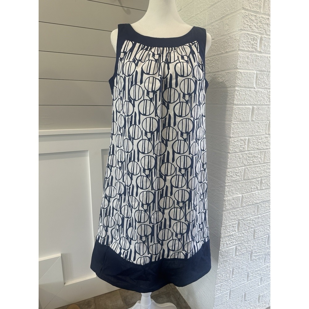 Max and Cleo Blue Geometric Shift Dress Large Cotton Minimalist Corporate